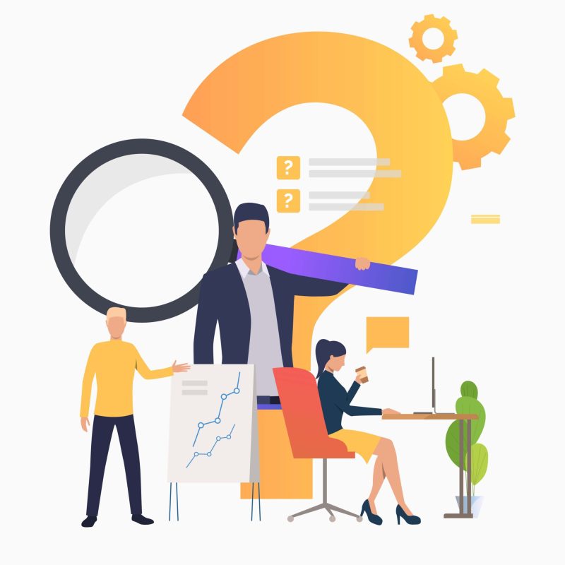 Man explaining chart, woman working with laptop vector illustration. Problem, presentation, internet. Search engine concept. Creative design for layouts, web pages, banners